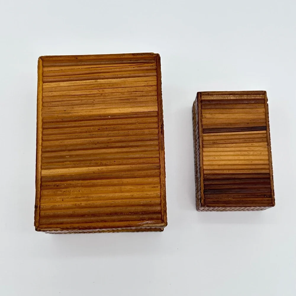 Vintage Trinket Box Set 2pc Straw Marquetry Rose Floral Brown Wood Jewelry Case